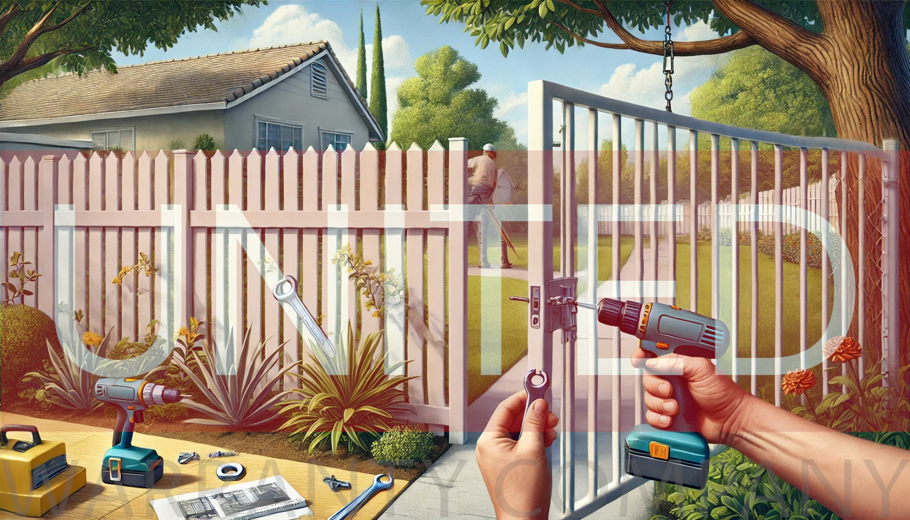 Here’s an illustration for the A Lesson in Fine Print story, showing a family member attempting to repair a white aluminum fence, highlighting the unauthorized actions.