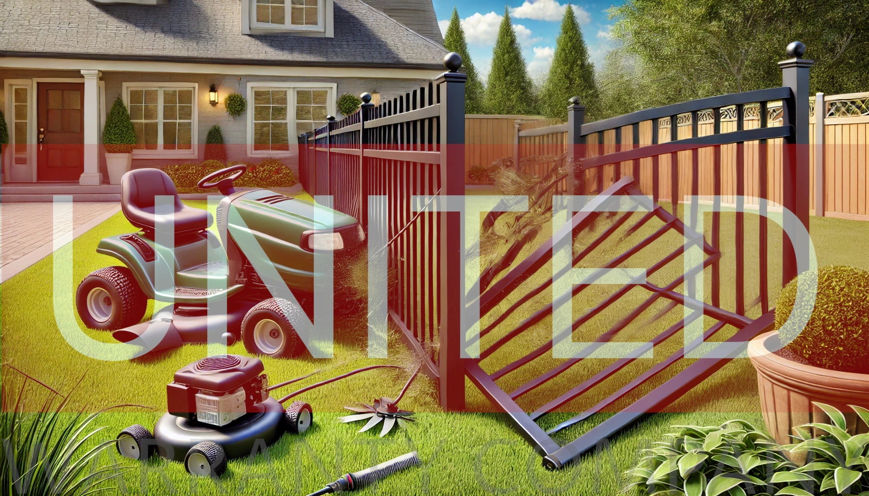 A realistic illustration depicting a lawn care crew accidentally damaging a newly installed aluminum fence.