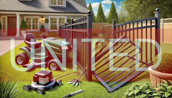 A realistic illustration depicting a lawn care crew accidentally damaging a newly installed aluminum fence.